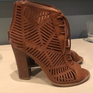 Brown laser cut open toe booties